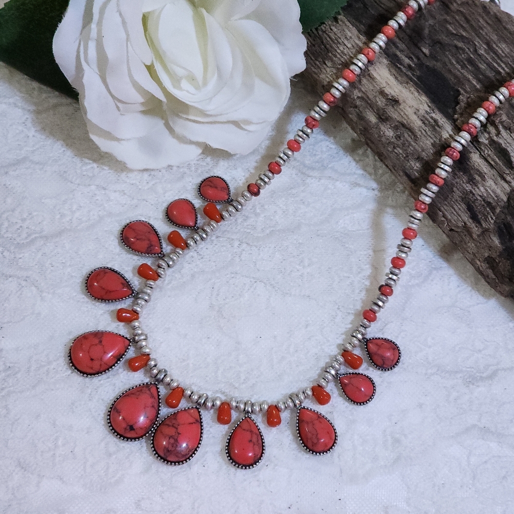 Vintage Chaps Faux Coral and Silver Toned Teardrop Statement Necklace